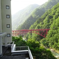 陸橋の上を走るトロッコ電車をロビーの外から
