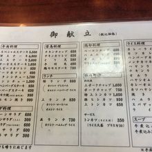 メニューの一覧表です