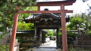 お寺の門前に鳥居と狐