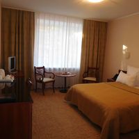 シックで落ち着いた部屋、窓の向こうにカラ松林とアムール川。