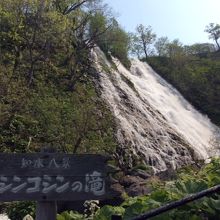 海岸の近くの山の上から流れ落ちる滝
