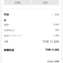 帰国便 片道チケット 11565THB 約34800円 安い