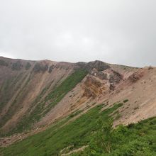 吾妻小富士山頂　火口の縁に巨大な岩が見えます。