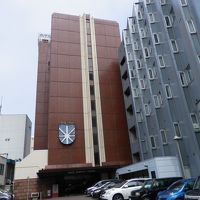 手前が駐車場。奥のレンガ色の建物が本館。右手に東館