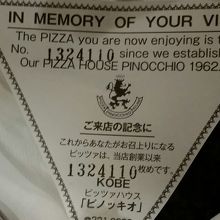 このピザが何枚目か書いてます。それが何やねんって気もするが、