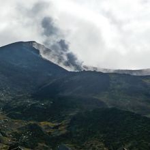 避難小屋付近から見える火山の噴煙