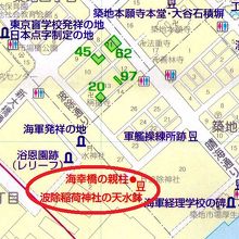 海幸橋は、地図でも、波除神社の横にあります。築地市場の出口横