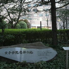 女子学院発祥の地の碑の右側に、四角の立札が立てられています。