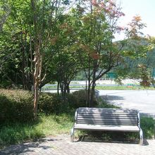 灰皿のあるベンチ周辺で桜、ナナカマド、百日紅の花も見られる