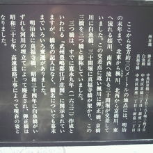 三つ橋跡をめぐる由来が記された標識です。現存は弾正橋のみです