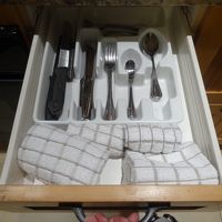 カトラリーと布巾、日本から箸を持って行くと良いです。