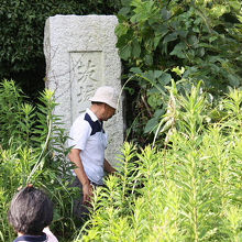 茨城百景の石碑前で、草取りをする友人。