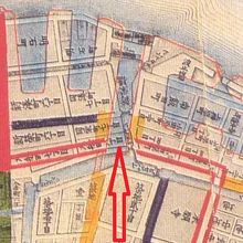 明治初期の絵図で、入船町８丁目は矢印先端です。居留地の横です