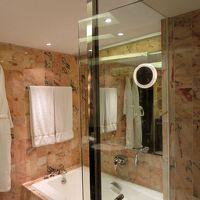 鏡のあるシャワーブースと大きなバスタブがあります