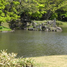 大泉水の中の蓬莱島の様子です。昔は、舟遊びもされたようです。