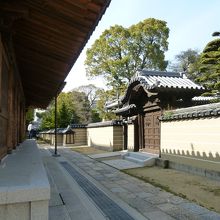 軒先の広い仏殿の背後から門の向こうの本堂へ