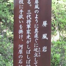 小石川後楽園の屏風岩の解説の表題です。屏風岩の名前の由来です