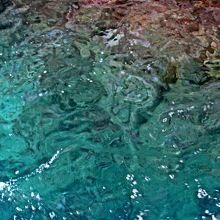 乙姫御殿の中は太陽光が差し込み、水がクリスタルみたい