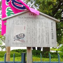 力士の幟と忠臣蔵で有名な槍の達人の俵星玄蕃の解説板です。