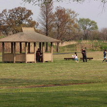 渡良瀬遊水地の広場でくつろぐ家族