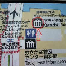 勝どき橋の資料館の場所を示す地図です。勝どき橋の袂にあります