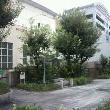 勝どき橋の広場の東に資料館があります。奥に築地市場が見えます