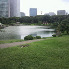 潮入りの池の御茶屋です。左から、中島、燕そして松の御茶屋です