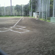 正岡子規記念球場のホームベースから外野方向を見た写真です。