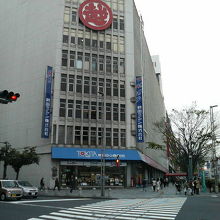 大型店の横に街路樹が並び、潤いがあります。