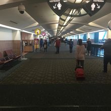 飛行機を降りて荷物のピックアップ所への移動中です。