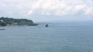 海の上の岩に一本の松が特長。