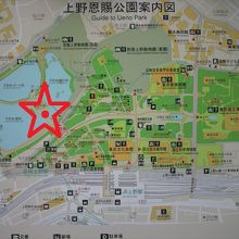 不忍池由来碑の場所を記した図です。弁天島の橋を渡ってすぐです