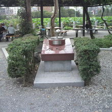 上野公園不忍池の弁天島の暦塚です。暦塚の奥に公園が見えます。