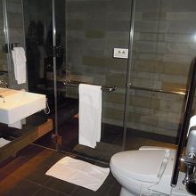 シャワー室。透明ガラスの向こうがシャワーブースです。