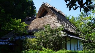 生垣で囲まれた藁ぶき屋根の母屋