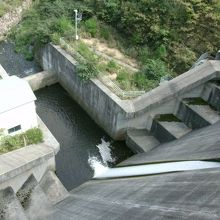 ダム堤体上から下流側を覗く