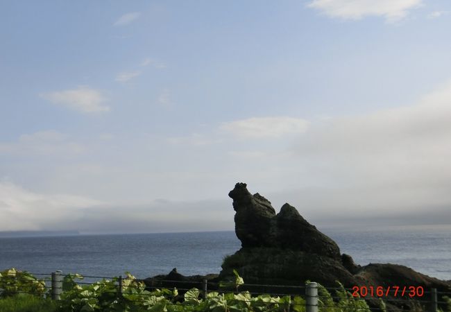 羅臼から相泊温泉への道すがら右の海岸にある天狗に似た岩