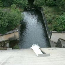 ダム堤体上から下流側を望む