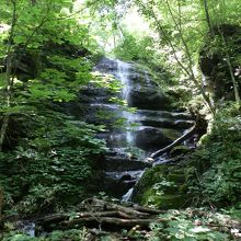 岩肌を滴るように流れ落ちる「九段の滝」