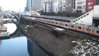 神田川や中央線がよく見える橋ですが人の多さがネック