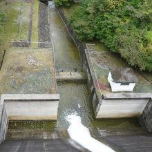 ダム堤体上から下流側を望む