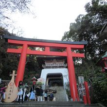 弁天仲見世通りを登りきると朱の鳥居の奥にある門