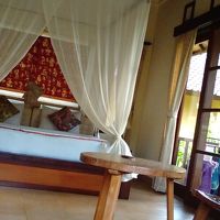 高い天井、天蓋付きのベッド