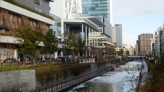 スカイツリーに隣接する川岸の公園