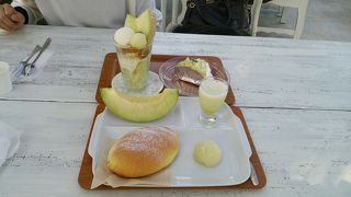 食べ頃メロンを温室で。