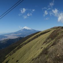 ロープウェイの中から芦ノ湖と富士山が見えてきます