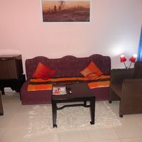 ソファー、左奥は冷蔵庫。