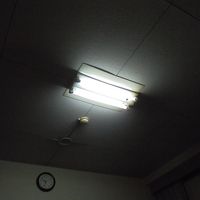 天井のカバーのない蛍光灯。部屋は明るいです