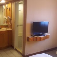 奥に独立した洗面所、右奥に洋式トイレと浴槽です