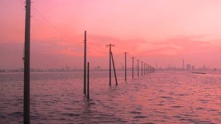 海中に並ぶ「アサリの密漁」を取り締まるための照明用の電柱と、夕焼けが幻想的です。